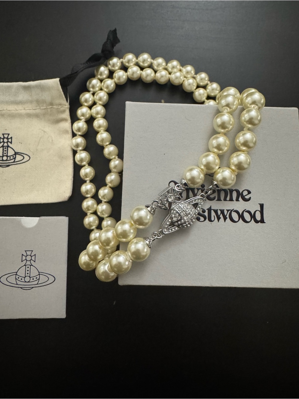 Vivienne Westwood two row bas relief pearl necklace in silver